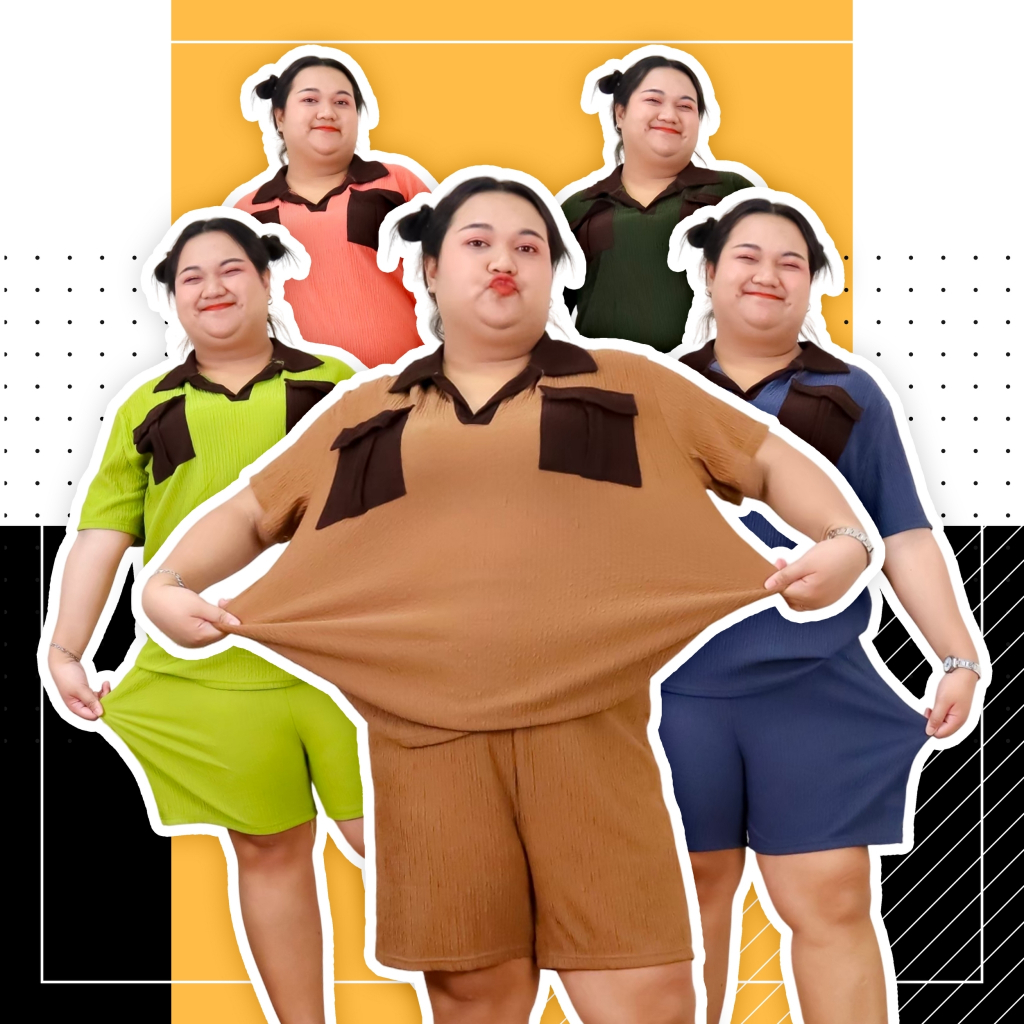 576# ชุุดเซ็ท ไซส์ใหญ่ เสื้อแขนสั้นคอปก+กางเกงขาสั้น ดีเทลกระเป๋าสีทูโทน ผ้าย่นลายเปลือกไม้ ยืดเยอะ