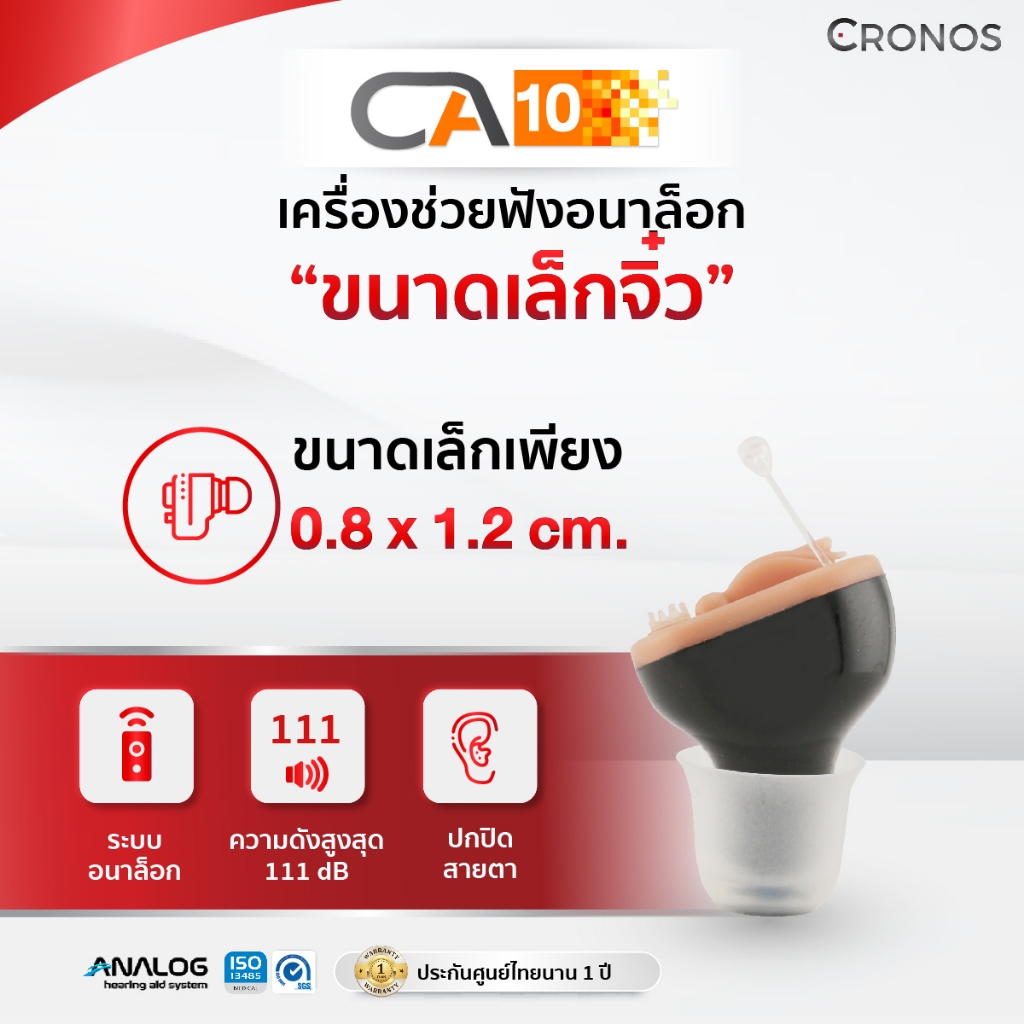 CRONOS รุ่น CA10 เครื่องช่วยฟังอนาล็อก รุ่นใส่ในช่องหู ขนาดเล็ก ปกปิดการมองเห็นได้ดี ปรับระดับความดังเสียงได้