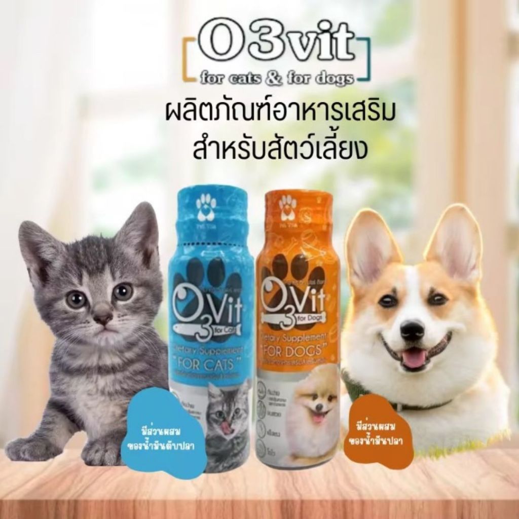 O3vit 50ml อาหารเสริมและวิตามินบำรุงชนิดน้ำขวดฟ้าน้องแมวขวดส้มน้องหมา