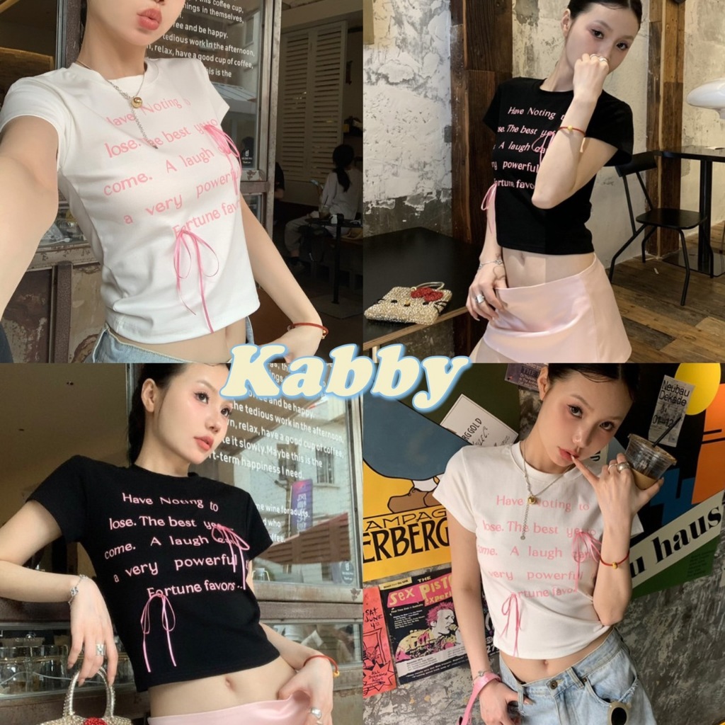 พร้อมส่ง เสื้อยืด ครอป พิมพ์ have noting lose ดีเทลโบว์ น่ารักมาก