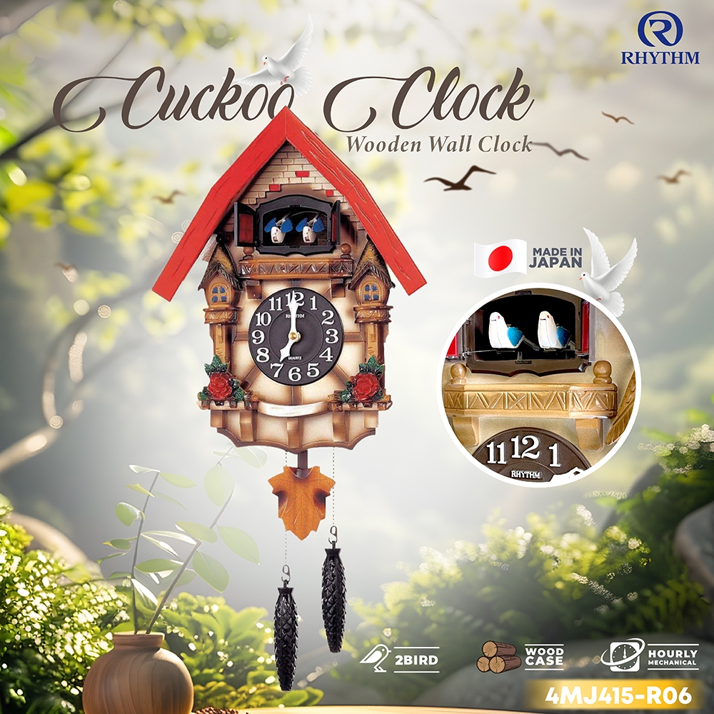 RHYTHM นาฬิกากุ๊กกู Cuckoo Clock มีนกคู่ 2ตัว ออกมาร้องบอกเวลาทุกชั่วโมง ผลิตจากญี่ปุ่น Model : 4MJ4