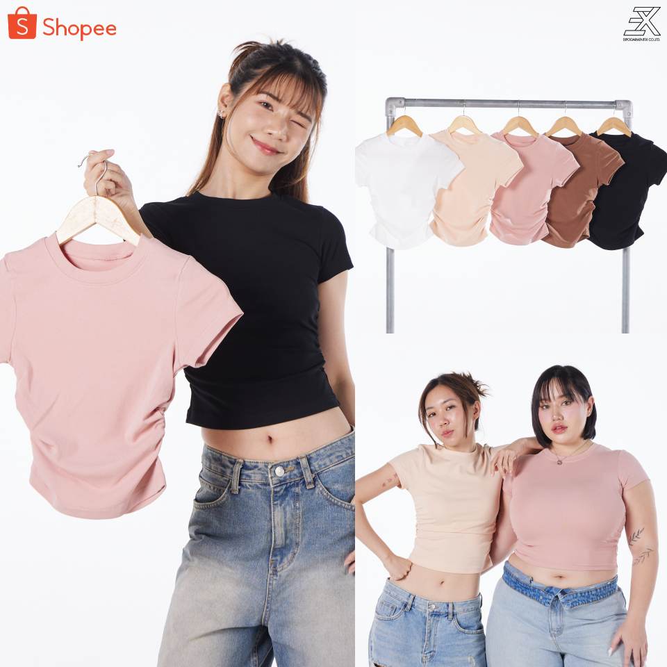 Expogarment เสื้อยืด คอกลม ย่นข้าง เบบี้ที ผ้ายูนิ Spandex ยืดได้ถึงรอบอก 44 นิ้ว ครอป เอวลอย UN006