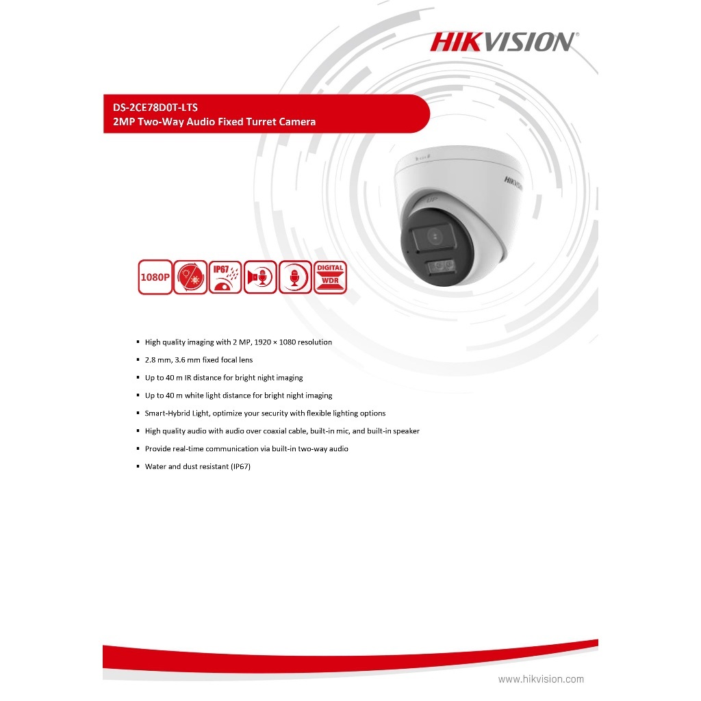 HIKVISION กล้องวงจรปิดระบบ HD 2MP Smart Hybrid Light พูดคุยโต้ตอบได้ รุ่น DS-2CE78D0T-LTS 2.8mm