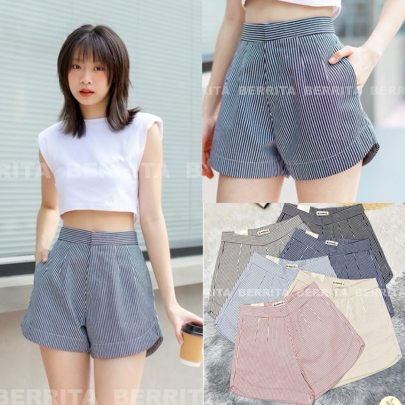 กางเกงขาสั้น ทรงบาร์บี้ขาโค้ง ซิปหน้ากระเป๋าหน้า ลายริ้ว #BR067