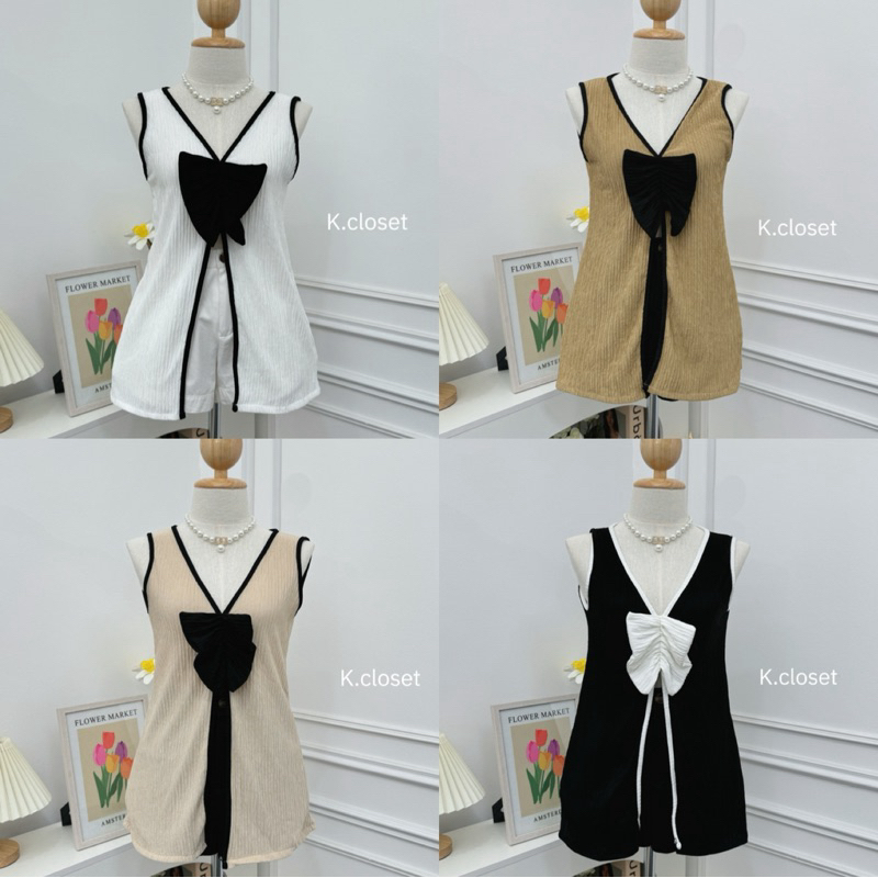 เสื้อแขนกุดตัวยาว ทรงฮิตแต่งโบว์หน้า (มีแต่เสื้อ)