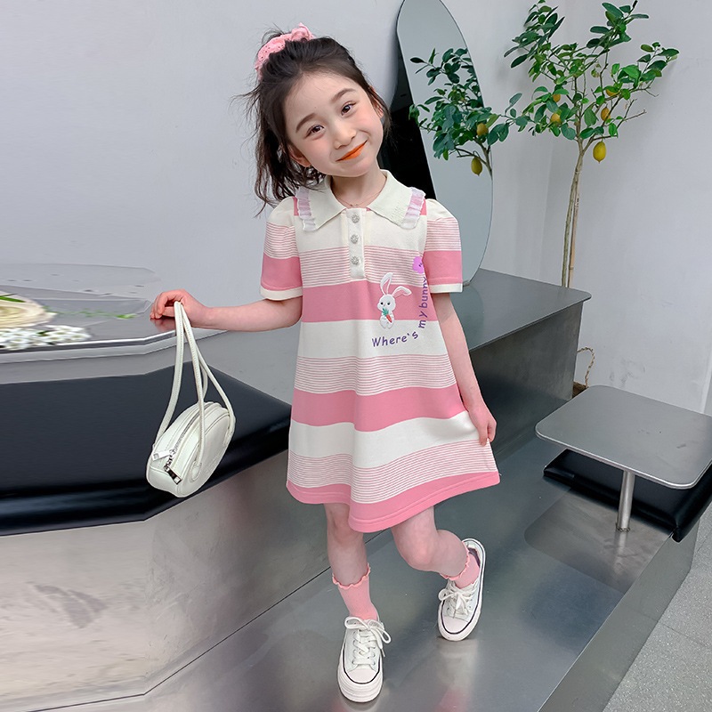 Babyonline(Y505)K4 ชุดกระโปรงแฟชั่นเด็กผู้หญิงผ้าโปโลลายทางแขนสั้นมีกระดุมหน้า มีแถบกันเหงื่อ