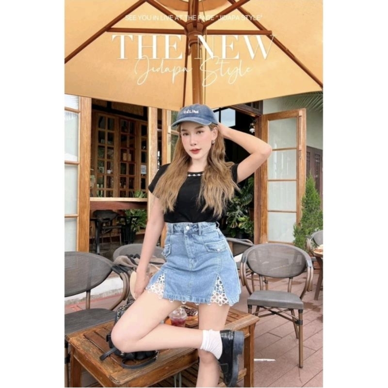 มือ1 ชุดเซ็ทร้าน Jidapa style เสื้อคอแต่งมุก + กางเกงกระโปรงยีนส์ Z.XL