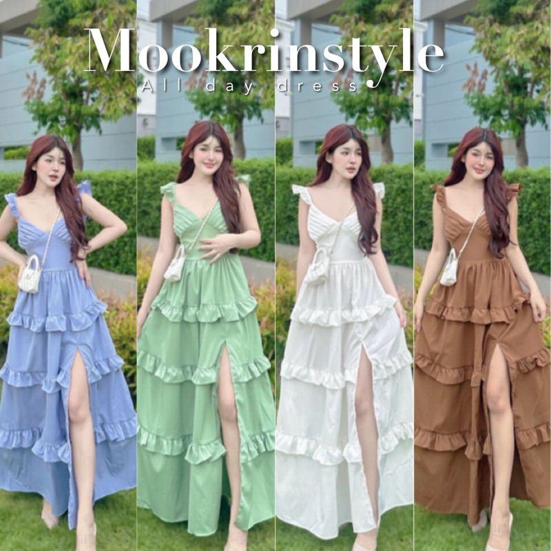 Mookrinstyle•เดรสยาว|สวยหรู ดูดีสุดๆ ไหล่ระบายจับจีบช่วงอก กระโปรงระบายผ้าหน้า มีซับ ใส่ไปทะเลสวยมาก