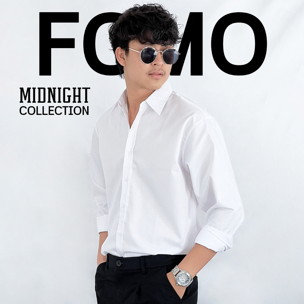 Fomo-เชิ้ตแขนยาวสีขาว เสื้อเชิ้ตสีขาว เสื้อเชิ้ตสีสุภาพ เสื้อเชิ้ตเรียบๆ