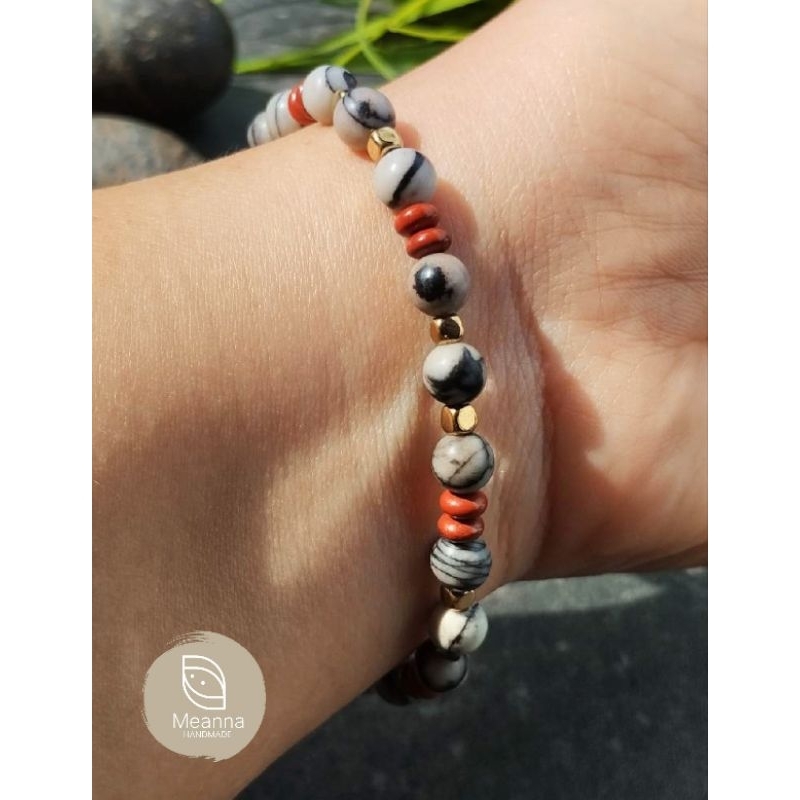 สร้อยข้อมือ Handmade หินแท้ 100 % แบบยางยืด หินนำโชค หินโชคดี Red jasper, Zebra jasper