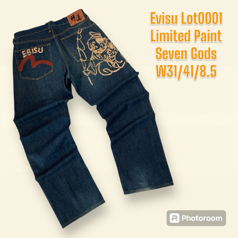 กางเกงยีนส์ผู้ชาย เพนท์มือโดยผู้เชี่ยวชาญของ​EVISU​ประเทศญี่ปุ่น​ ลายเทพ​ EBISU​ หนึ่งใน 7 เซียน