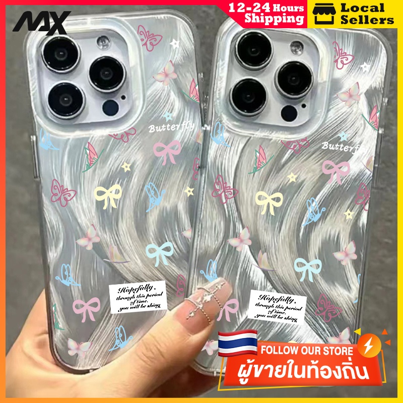 เคสโทรศัพท์แอปเปิ้ล เส้นด้ายขนนกสุนัขจิ้งจอกสีเงิน สปาร์คเคิล iPhone 7/8P XR XS X 11 13 12 14 15 Pro Max ผีเสื้อสีม่วง