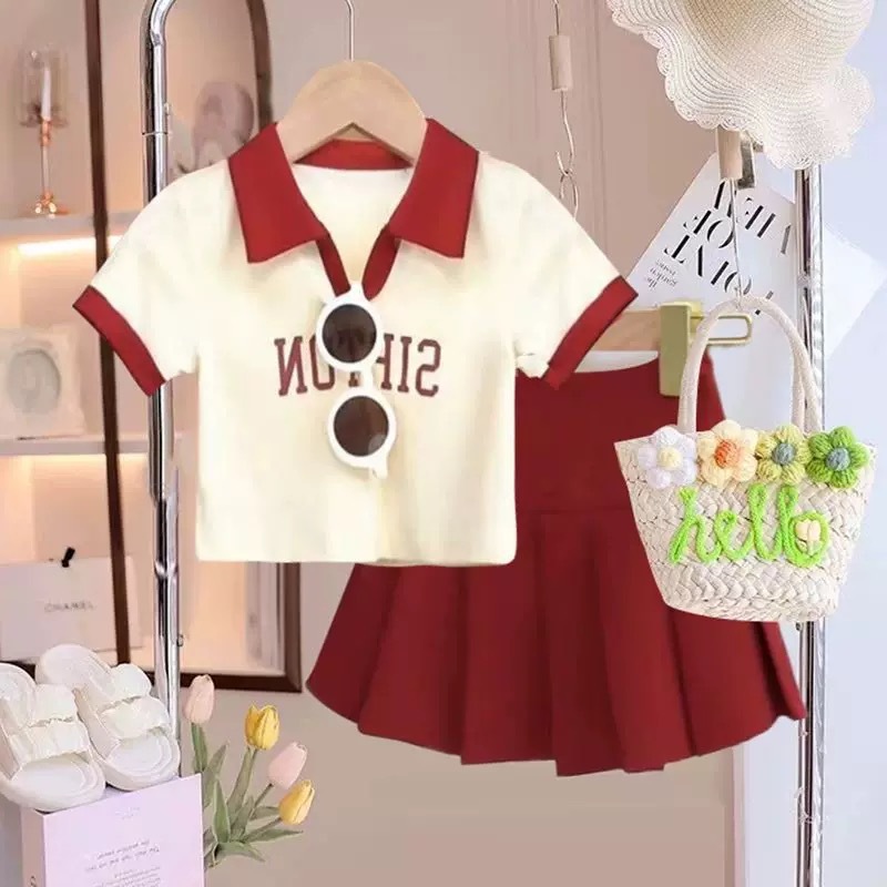 Babyonline(Y510)G1 เสื้อผ้าเด็ก ชุดเซ็ตแฟชั่นเด็กผู้หญิงเสื้อคอปกกระโปรงจีบพลีทมีกางเกงซับใน นิ่ม ระบายอากาศ