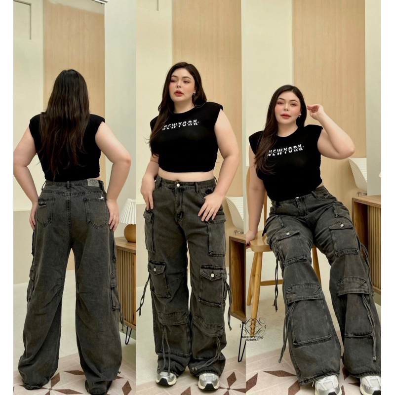 RESTOCK (Bu8096) กางเกงยีนส์ เอวสูง แต่งกระเป๋าคาร์โก้ งานป้ายแท้ ใส่สบายมีไซส์ เสื้อผ้าสาวอวบอ้วน พลัสไซส์ ไซส์ใหญ่