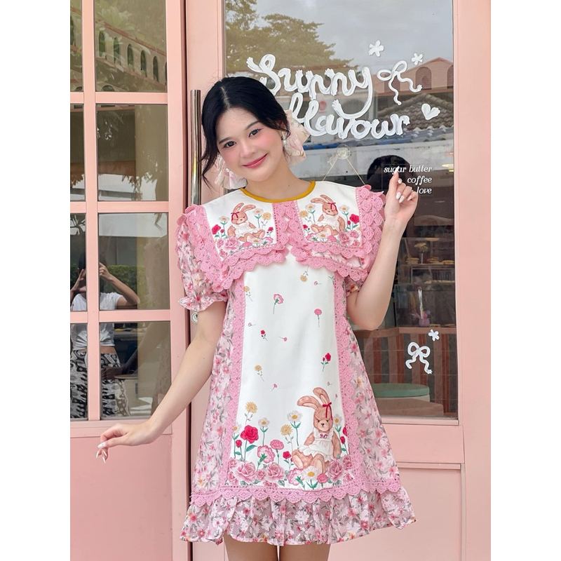 💎พร้อมส่ง💎BLT brand 💕เดรสสีขาวชมพูน้องกระต่าย