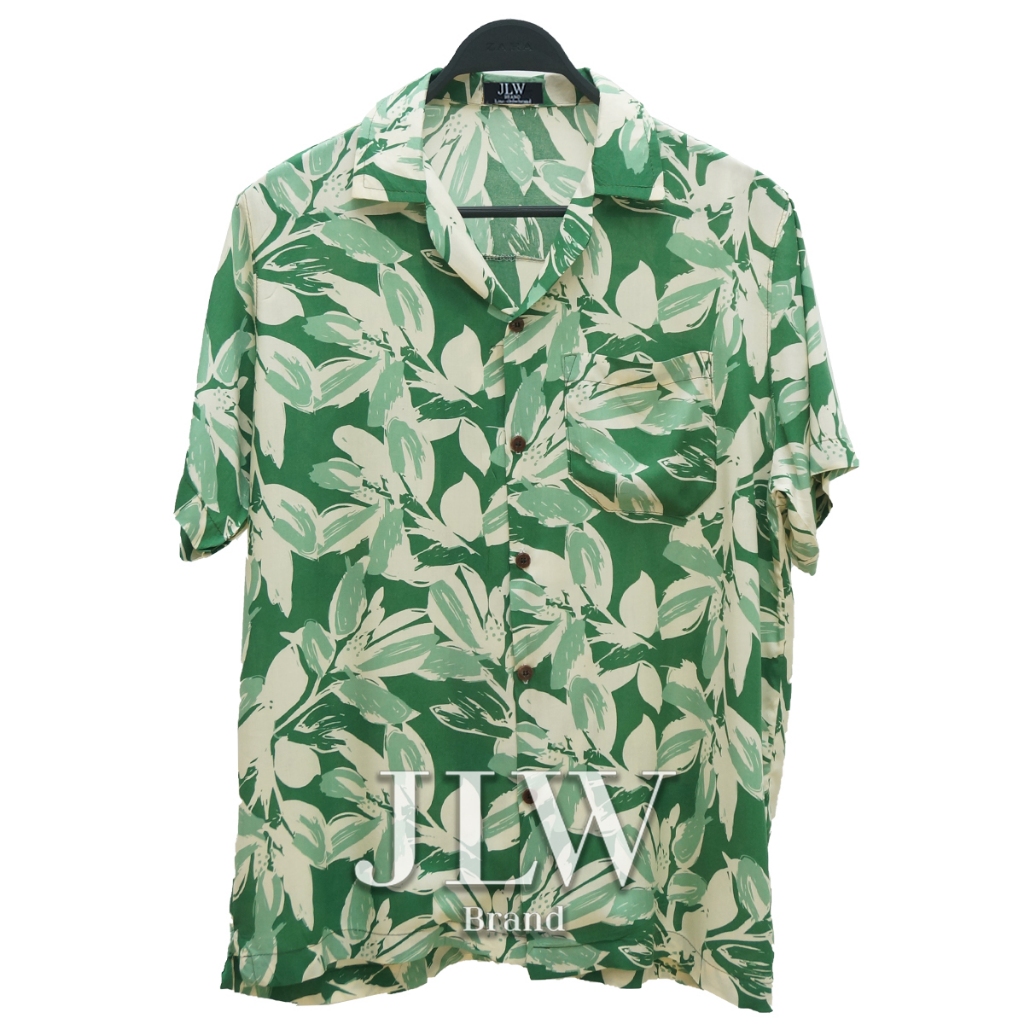 เสื้อฮาวาย ลายใบล้วน เขียว ผ้านิ่ม M L XL Oversize คอฮาวาย JLW BRAND