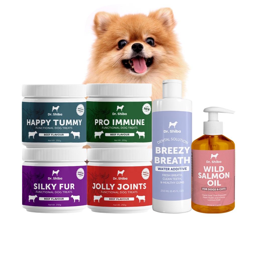Dr. Shiba 6 สูตร (อาหารเสริม 4กระป๋อง และ Salmon Oil + Breezy Breath Bundle Pack (6 ผลิตภัณฑ์ในแพ็คเดียว) เลือกรสชาติได้