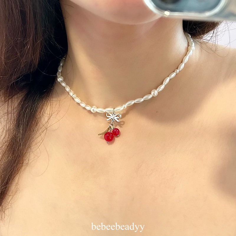 สร้อยมุก พร้อมจี้โบว์และเชอร์รี่ 🍒🎧🤍🎀 | สร้อยลูกปัด