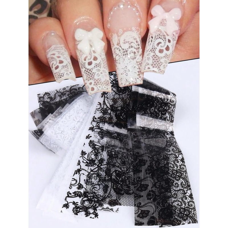 AC.578 ร้านไทย ขายปลีก 1 ชิ้น พร้อมส่ง ฟอยล์แต่งเล็บลายลูกไม้สีดำขาวคละสี