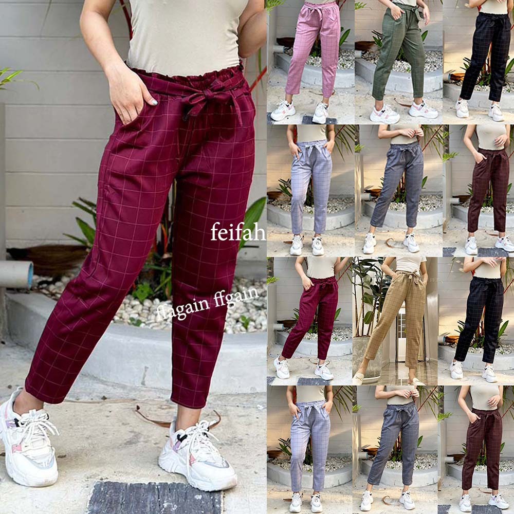 พร้อมส่งจ้า กางเกงลายสก๊อตกางเกงขายาวผูกโบว์กางเกงแฟชั่นผ้าหนาเนื้อดี