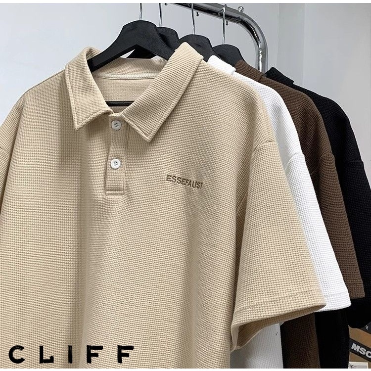 CLIFF -COD✅เสื้อโปโลผู้ชาย วาฟเฟิล แขนสั้นคอปก ลำลอง แบบหลวม เรียบง่าย ชุดคู่รัก