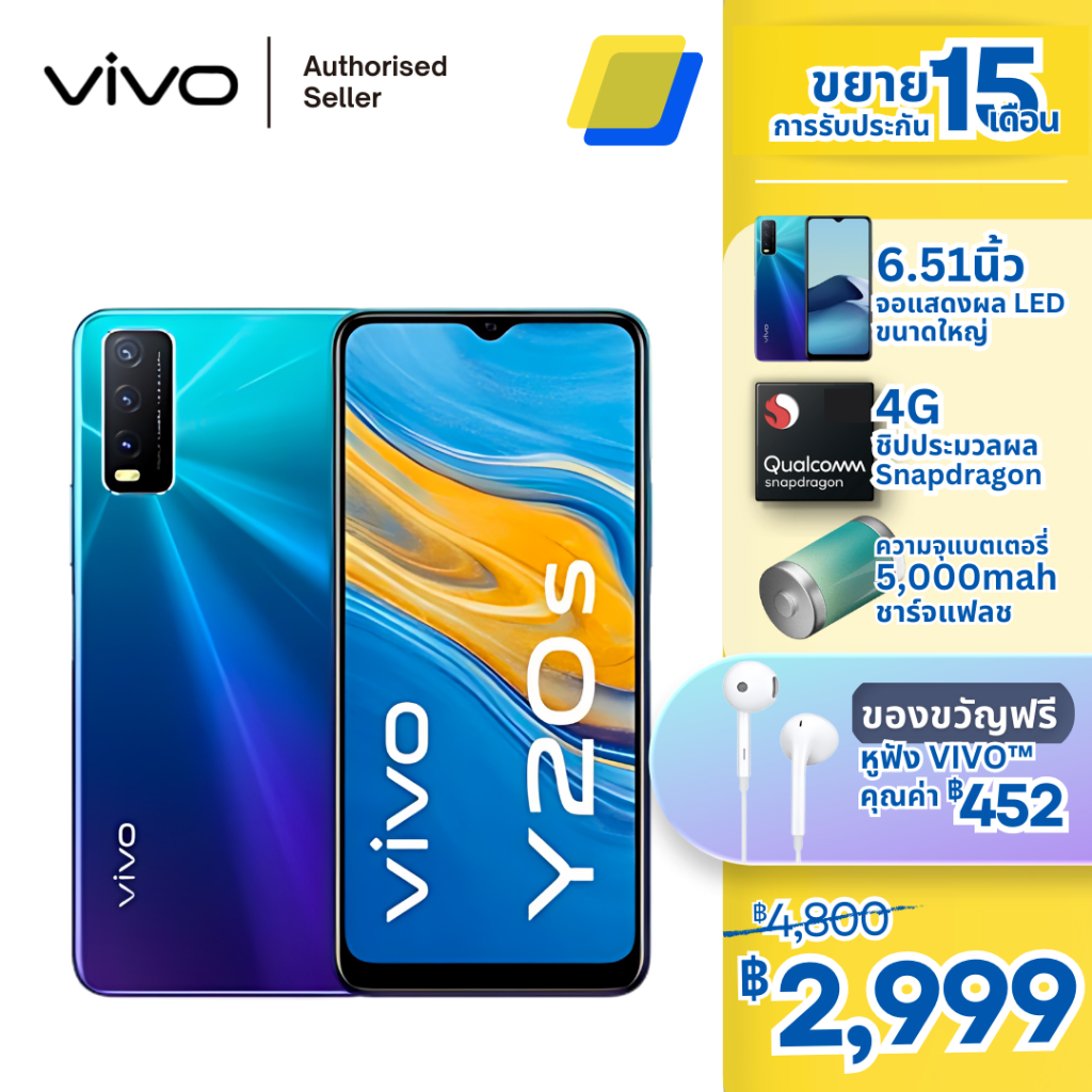 จัดส่งภายใน 24 ชม VIVO Y20s | RAM 8GB/ ROM 128GB | 18W FlashCharge™ | แบต 5000mAh | กล้อง AI 13MP | ศูนย์ไทย