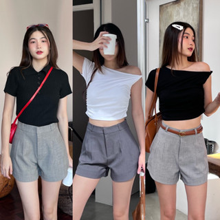 กางเกงขาสั้นผู้หญิง เอวสูง ผ้าโซดา ทรงบาร์บี้ พรางหุ่น พรางต…