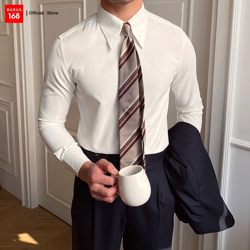 (3สี) BURUS เสื้อเชิ้ตแขนยาว ผู้ชาย สไตล์อิตาลี ปกคอแหลม (มีกระดุมซ่อนในปก) - Smart Fit Shirt เสื้อเชิ้ตสูท M-3XL