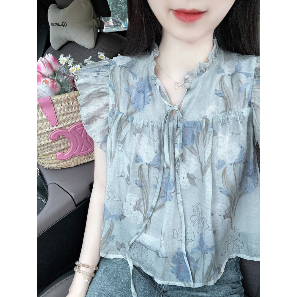 PBB2063 ส่งไว เสื้อลำลองแฟชั่นแขนสั้นฤดูร้อนแต่ระบาย ผูกโบว์น่ารักๆสีฟ้า free size อก32 ใส่ชิวๆ สำหรับผู้หญิงน่ารักๆ
