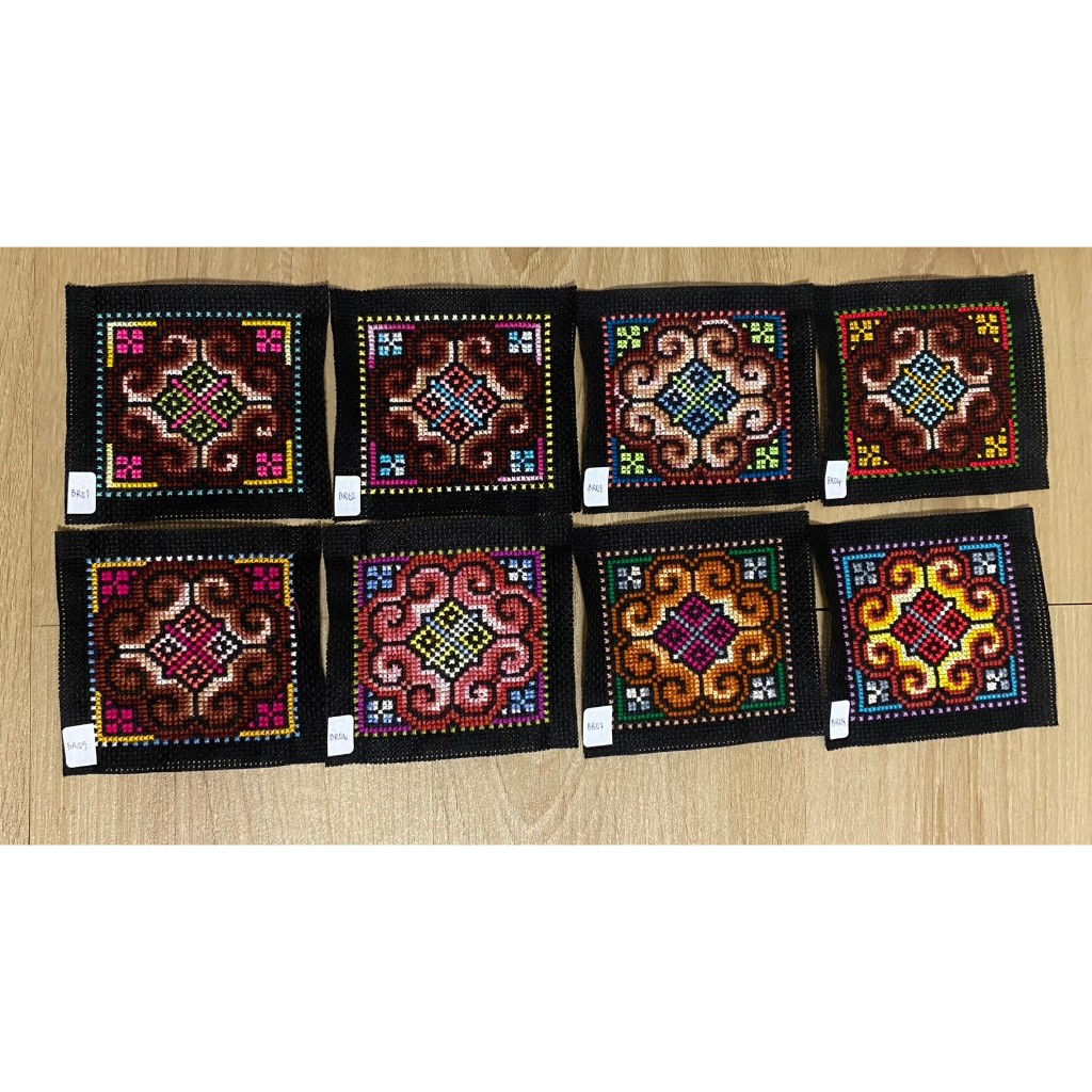 ผ้าปักชาวเขา handmade แบบดอกเดียว โทนน้ำตาล