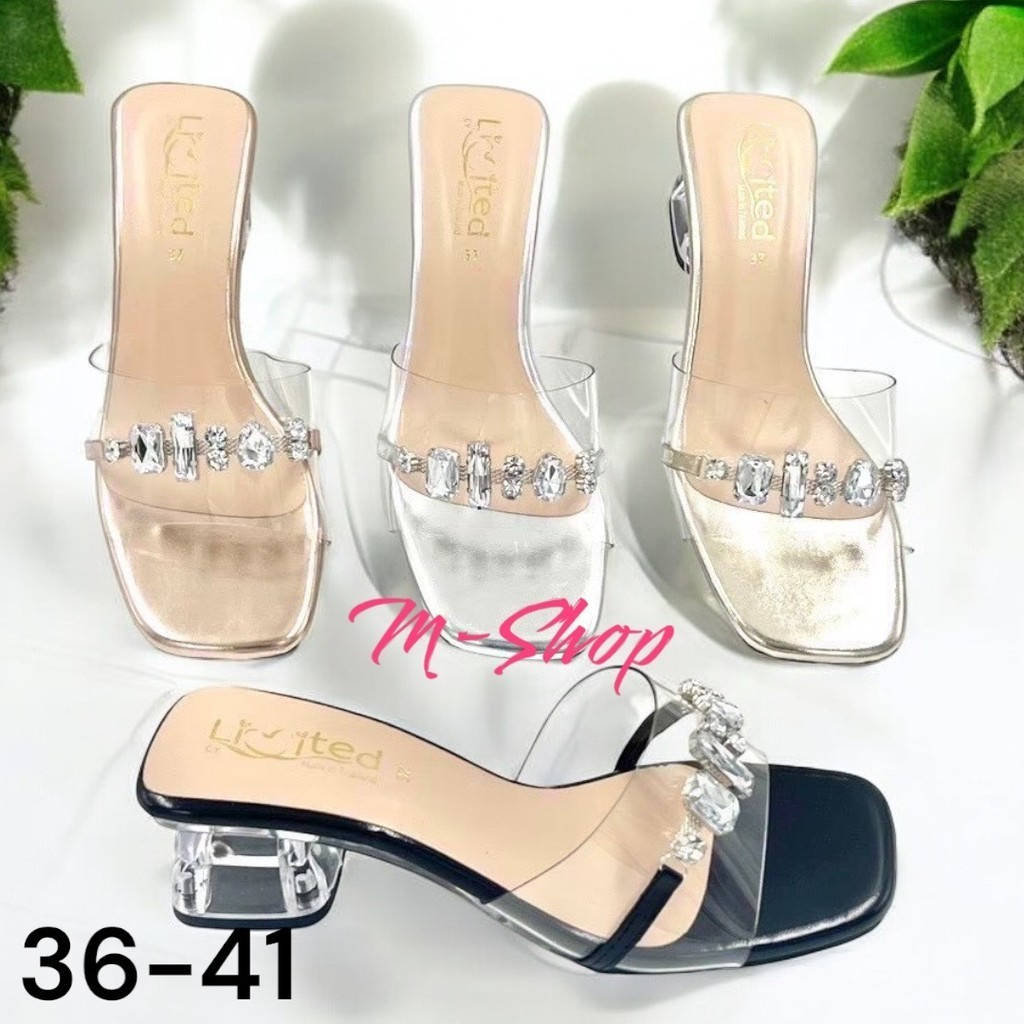 New ซิลิโคลน หน้าใส รองเท้าส้นแก้ว2นิ้ว แบบสวม แต่งอะไหล่คลิสตัล Limited ขนาดปกติครับ 36-41