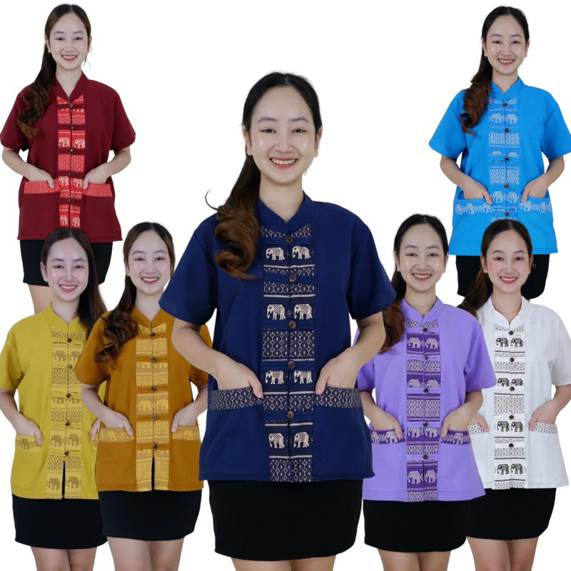 เสื้อผ้าฝ้ายฟอกนุ่ม 5 กระดุมผ่าหน้า แต่งลาย