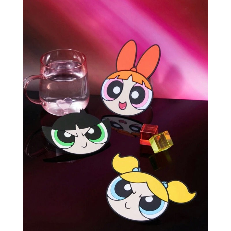 [พร้อมส่ง] ที่รองแก้วน้ำ เซ็ต 3 ชิ้น Power puff Girls ของแท้ แผ่นยางรองแก้วน้ำ พาวเวอร์พัฟเกิร์ล