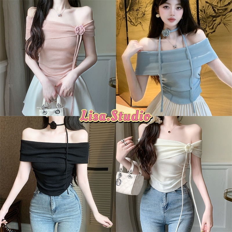 Lisa🌈พร้อมส่ง🦄เสื้อเปิดไหล่สีพื้นผู้หญิง🎀croptopแต่งดอกไม้ ทรงรัดรูป เรียบหรูผ้าไม้พรหม ชุดไปทะเลไปคาเฟ่สไตล์เวียดนาม