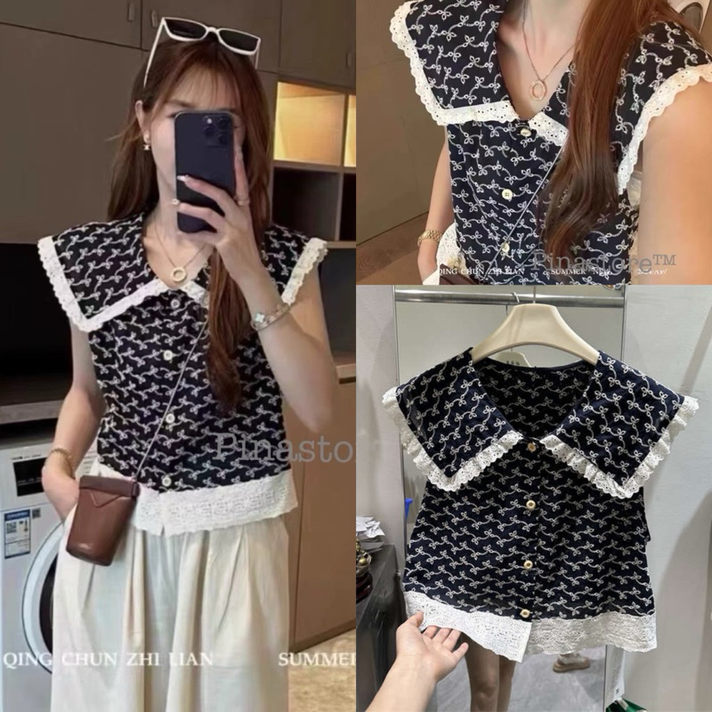 เสื้อคอระบายแต่งลูกไม้รอบใช้ผ้าฉลุลาย