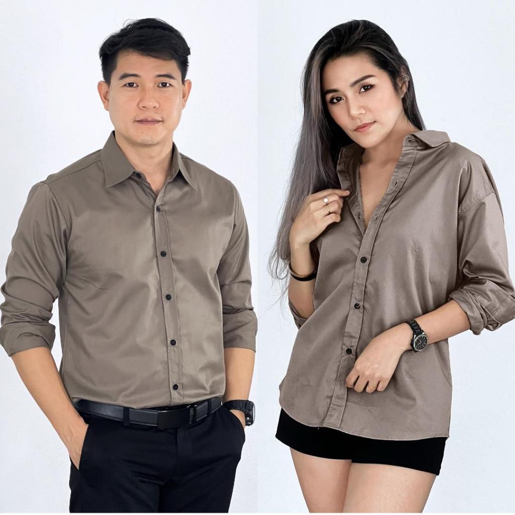 takayay brand เสื้อเชิ๊ต สีมอคค่า 36-54 นิ้ว เสื้อเชิ้ตทำงาน ผ้าคอตตอนทวิล