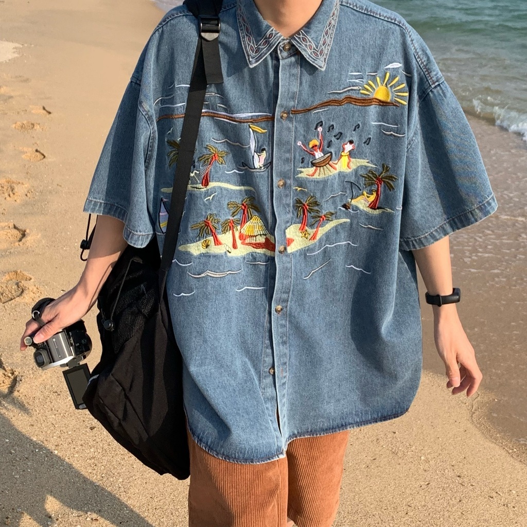 เสื้อเชิ้ตยีนส์แขนสั้น (Size S-XL) ทรงหลวมแขนสั้น ลายปักลายทะเล เท่สไตล์เกาหลีสุดๆ Unisex