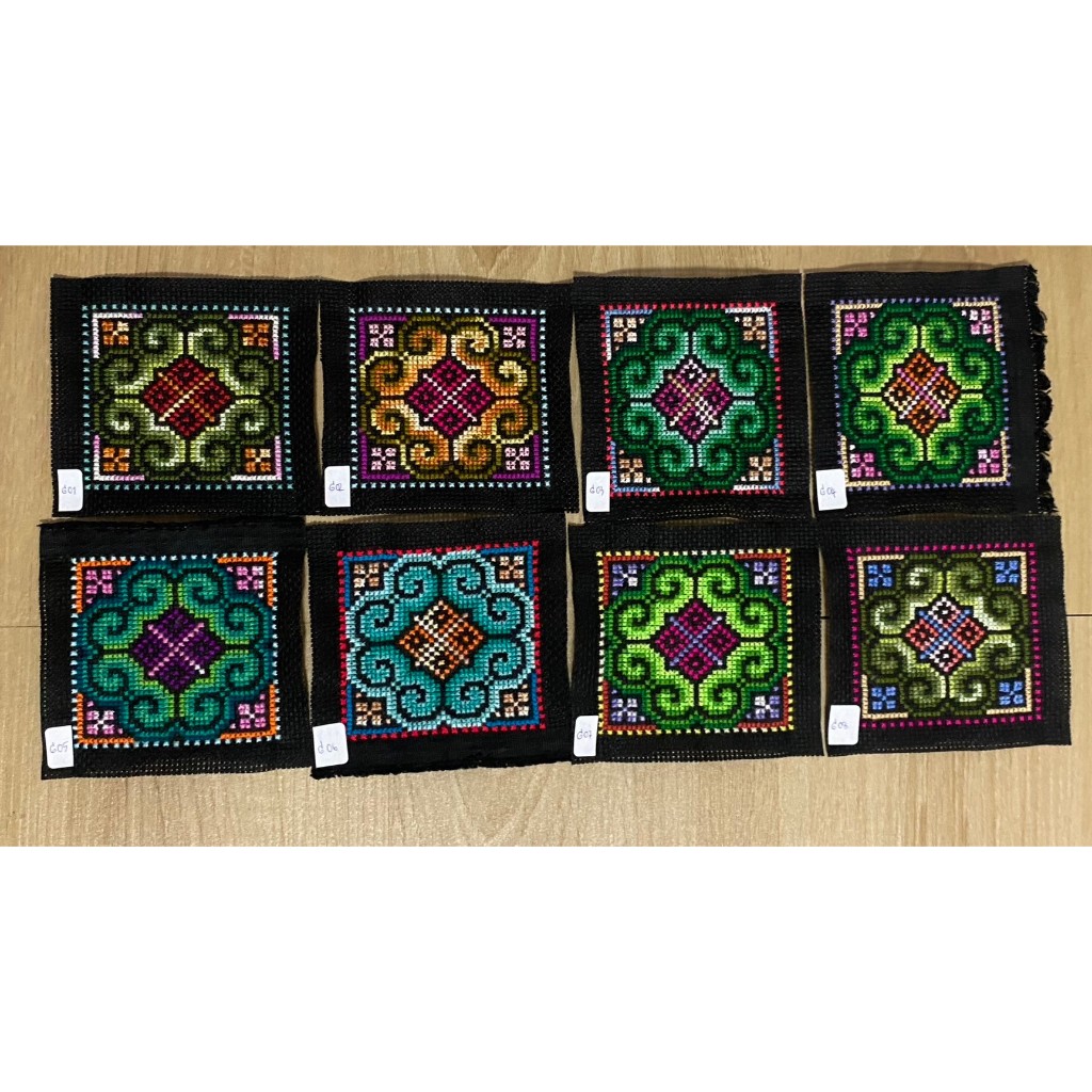 ผ้าปักชาวเขา handmade แบบดอกเดียว โทนเขียว