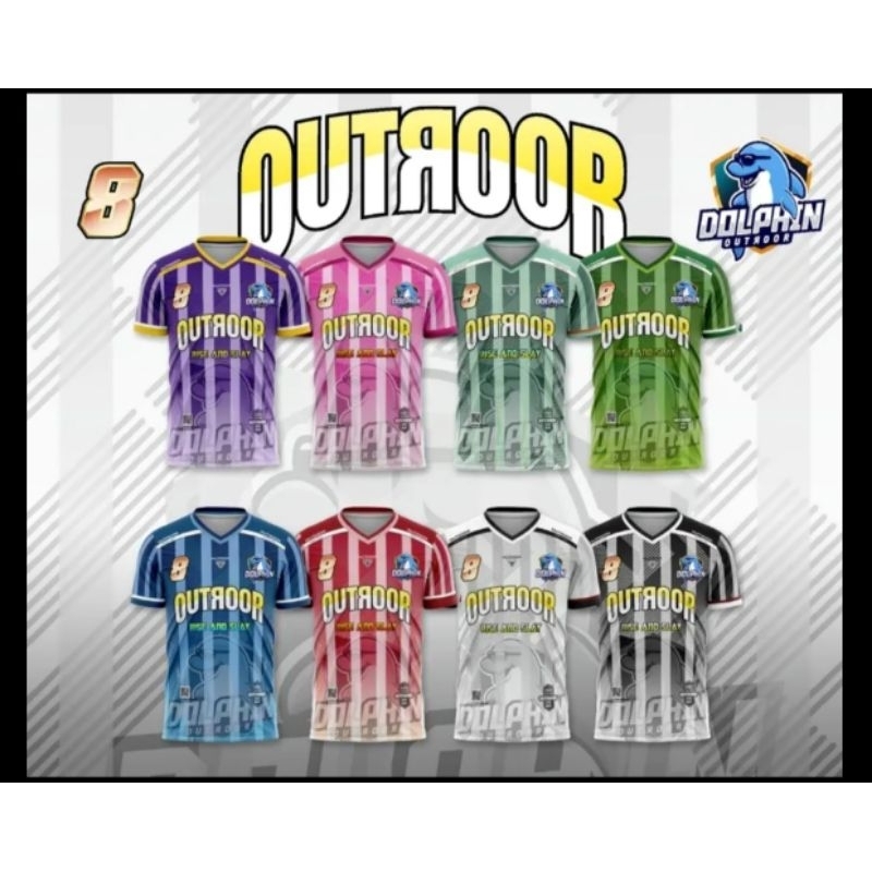 เสื้อกีฬาคอวี แขนสั้น ลายโลมา Outdoor มีเบอร์ด้านหลัง ผ้าโพลีเอสเตอร์ ใส่สบาย ไม่ร้อน แห้งง่าย มี 5 สีให้เลือก