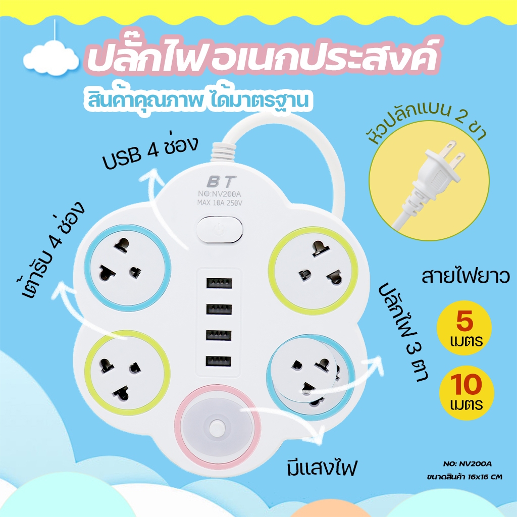 ปลั๊กไฟสามตา พร้อมช่อง USB 1LED 4ช่อง 5/10เมตร กันไฟสองชั้น
