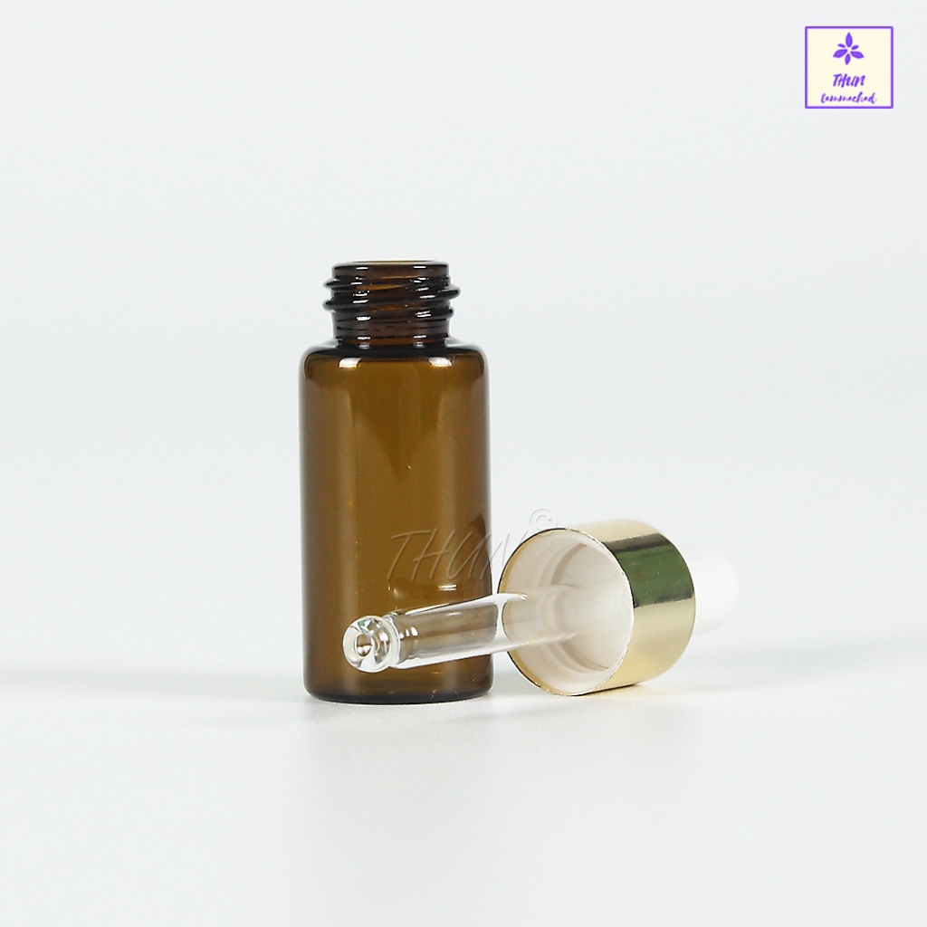 [1 ใบ / จิ๋ว] ขวดดรอปเปอร์ ขวดเซรั่ม สีชาใส ฝาขอบทอง+จุกยางขาว ใส่น้ำมันหอมระเหย  1/2/3/5/ ml