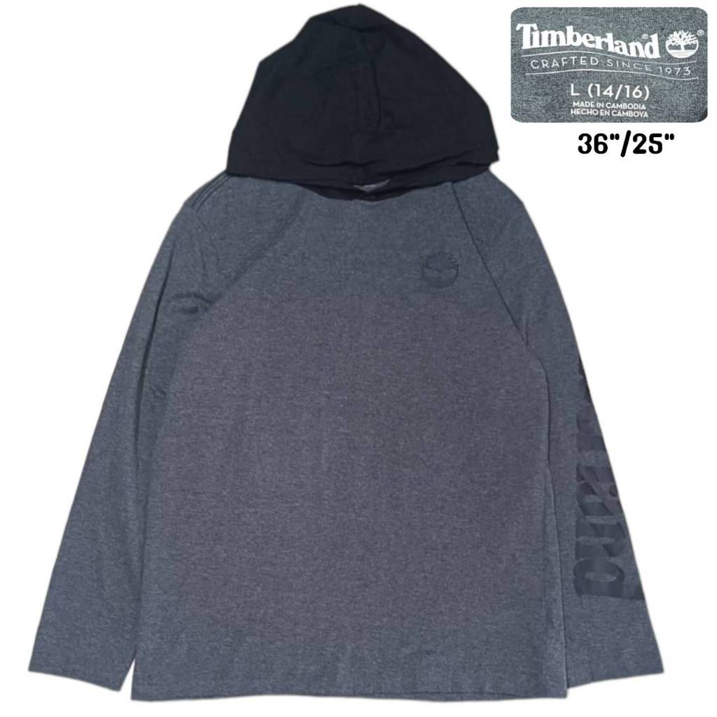 TIMBERLAND LONG-SLEEVED SHIRT  เสื้อยืดแขนยาวมีฮู้ด ผ้าคอตตอล ทิมเบอร์แลนด์ ป้ายคอไซส์ L เด็กโต สีเท