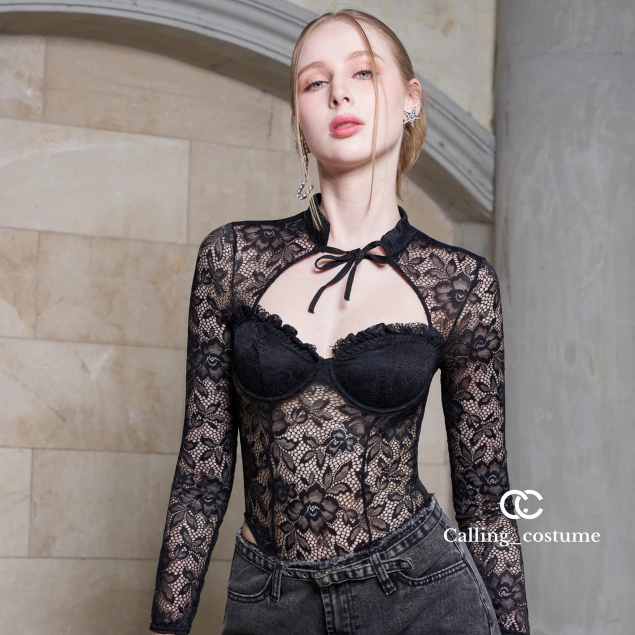 CALLING_COSTUME บอดี้สูทลูกไม้ สวยแซ่บ แมชกับกางเกงยีนส์สีดำเทาฟอก มีเข็มขัดยีนส์ Bodysuit (CL924) Pants jeans(CL925)