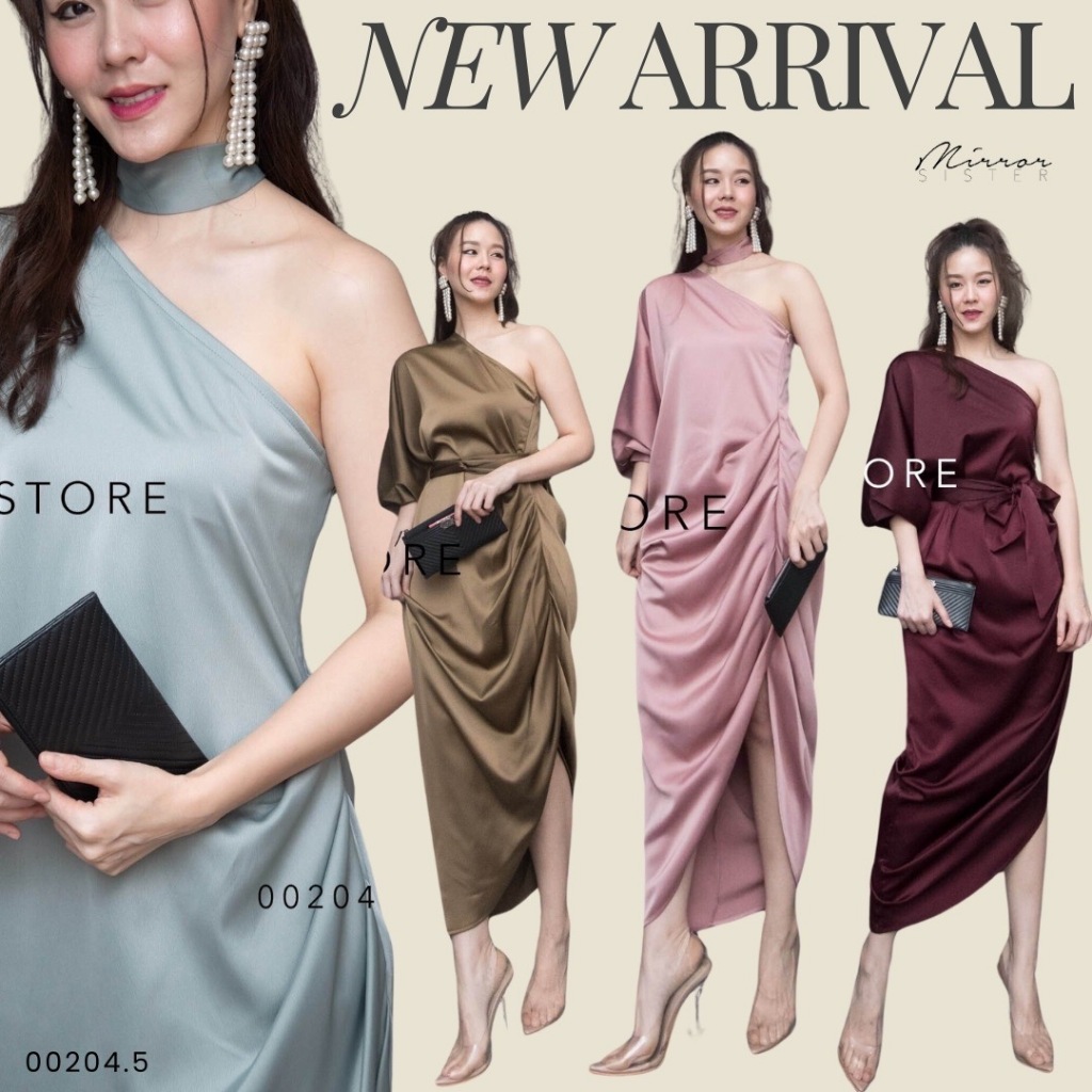 Mirrorsister 00204.5 เดรสออกงาน ทรงเก๋ ข้างนึงแขนยาว ข้างนึงเว้าไหล่เดียว ชายเฉียงทำให้รูปร่างดูเพรียว ใส่สบาย มีสายผูก