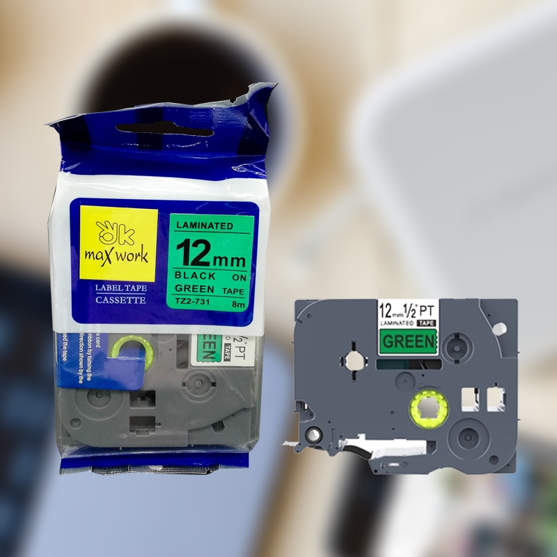 ทปพิมพ์อักษร OK MAXWORK 12 mm TZE Brother TZE-731(TZ2-731) พื้นสีเขียว ตัวอักษรสีดำ