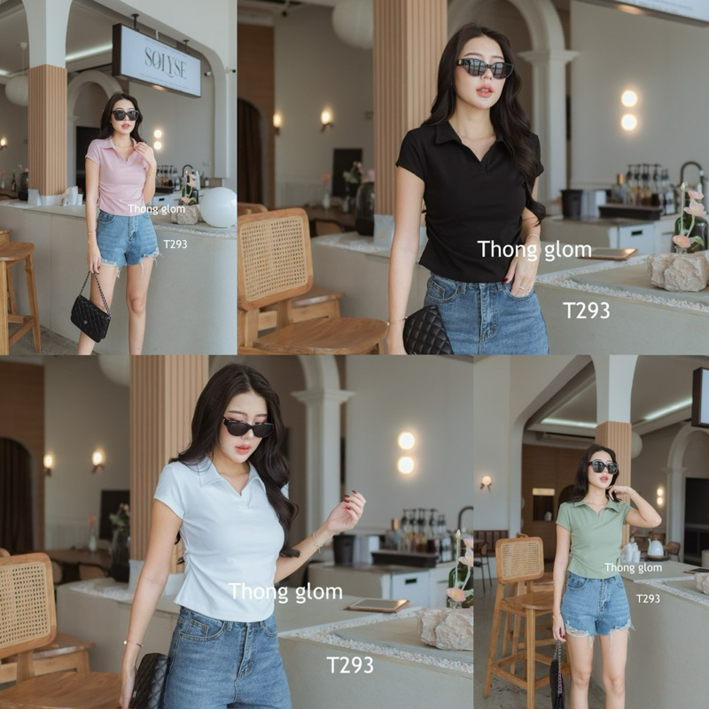 T293 เสื้อครอปคอปกย่นข้างผ้ายูนิโคล่ ใส่แล้วเอวสวยเข้าทรง