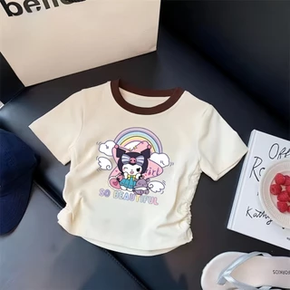 Beryl kids🌸เสื้อคอกลมแขนสั้นเด็ก🎀เสื้อยืดพิมพ์ลายการ์ตูนคุโรมิ สไตล์เกาหลี ลำลอง เสื้อจับจีบน่ารัก ใส่สบาย ฤดูร้อน