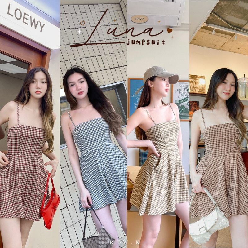 🌖 'Luna Jumpsuit'- กางเกงจั๊มสูทสายเดี่ยวลายตารางเล็ก สายปรับได้ มีสมอคด้านหลัง+ซิปหลัง+ซับใน ✨ ผ้ามีtextureในตัว RTW