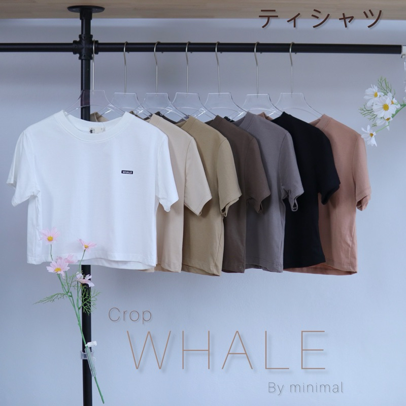 เสื้อยืดครอปสั้นผู้หญิง งานปักWHELE(ปลาวาฬ) 7สี ป้ายมินิมอล ผ้าคอตตอน 100%