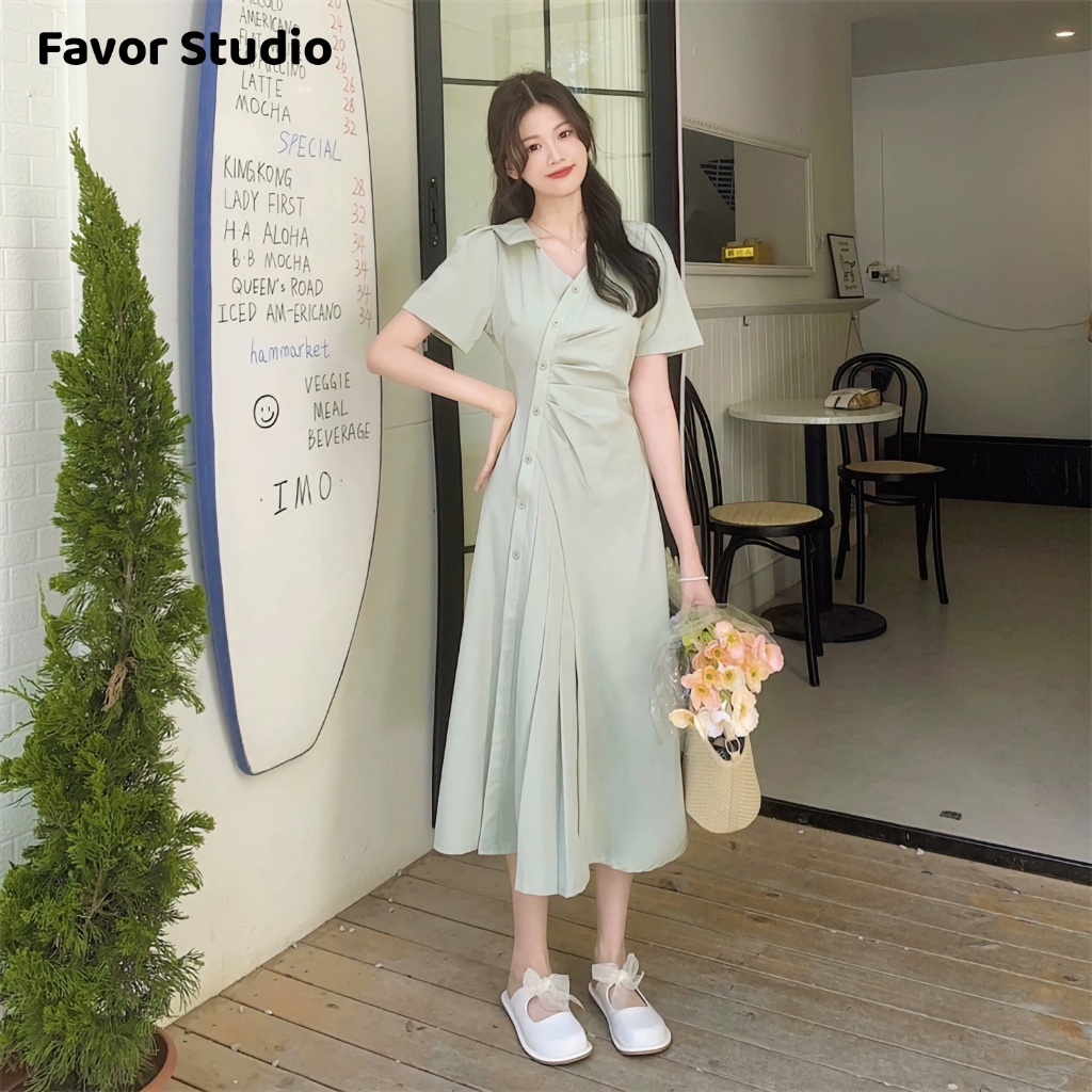 【S-4XL】 เดรสสาวอวบ คอวีชุดเดรสเสื้อเชิ้ตติดกระดุมเข้ารูป ทรงเข้ารูป เดรสยาวน่ารัก กระชับเอว เดรสยาว เดรสสั้น สามารถเลือก